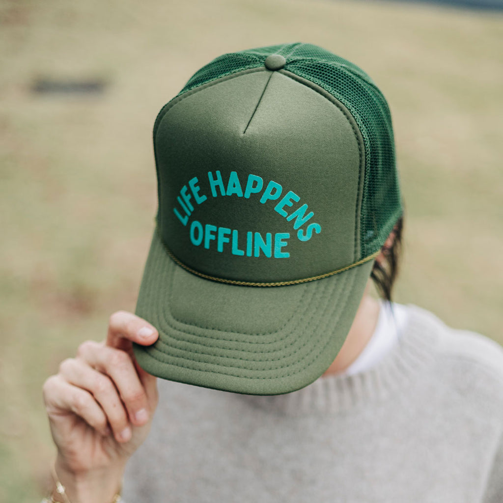 "Life Happens Offline" Olive Trucker Hat